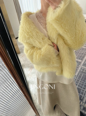 JINGONI黄色人造皮草毛毛外套女上衣温柔宽松气质大家法式短款潮