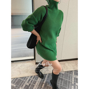 JINGONI高领长款套头毛衣女秋冬新款chic百搭打底衫连衣裙小个子