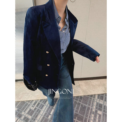 JINGONI蓝色丝绒西装外套女上衣2026春季新款高级气质老钱风西服