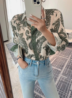 JINGONI绿色复古长袖衬衫女上衣春夏季衬衣法式气质高级显瘦修身