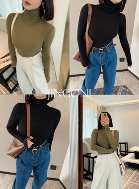 JINGONI堆堆领高领打底衫长袖T恤女纯色上衣内搭修身显瘦百搭chic