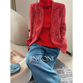 JINGONI红色格纹毛呢外套女上衣法式 潮 显瘦西装 秋冬新款 气质修身