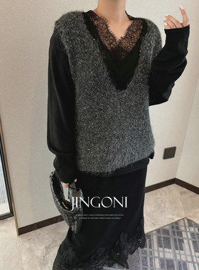 JINGONI法式亮片毛衣马甲套头女上衣针织马夹秋冬叠穿温柔显瘦潮