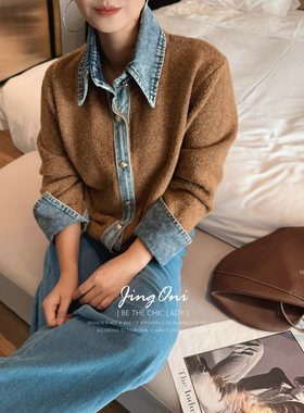 JINGONI假两件牛仔拼接翻领毛衣女上衣秋冬新款韩系宽松显瘦针织
