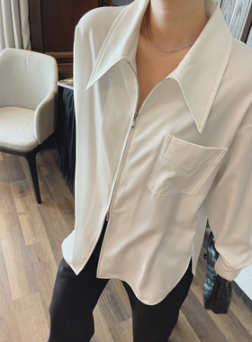 白色拉链衬衫长袖女士宽松气质内搭叠穿上衣2025春季新款衬衣翻领