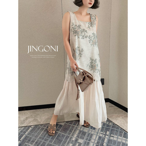 JINGONI假两件花朵无袖连衣裙女宽松法式叠层垂感显瘦长裙优雅夏