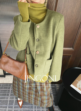 JINGONI绿色毛呢短外套女上衣2024秋冬新品气质高级显瘦法式直筒