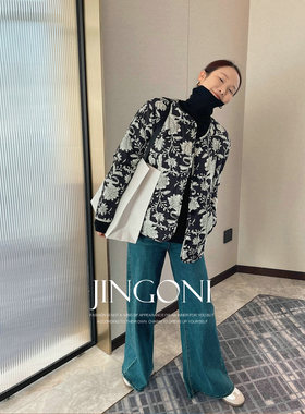JINGONI碎花薄款黑色棉衣女秋冬季新款短款宽松显瘦法式气质棉服