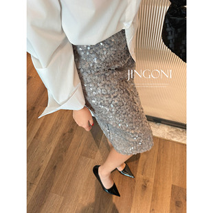 JINGONI亮片直筒半身裙子女松紧高腰早春新款显瘦中裙小个子百搭