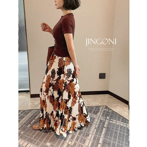 JINGONI花朵百褶长裙女高腰垂感a字大摆宽松遮胯显瘦复古半身裙夏