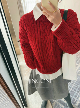 JINGONI麻花套头毛衣圆领女上衣秋冬新款长袖短款韩系温柔针织衫