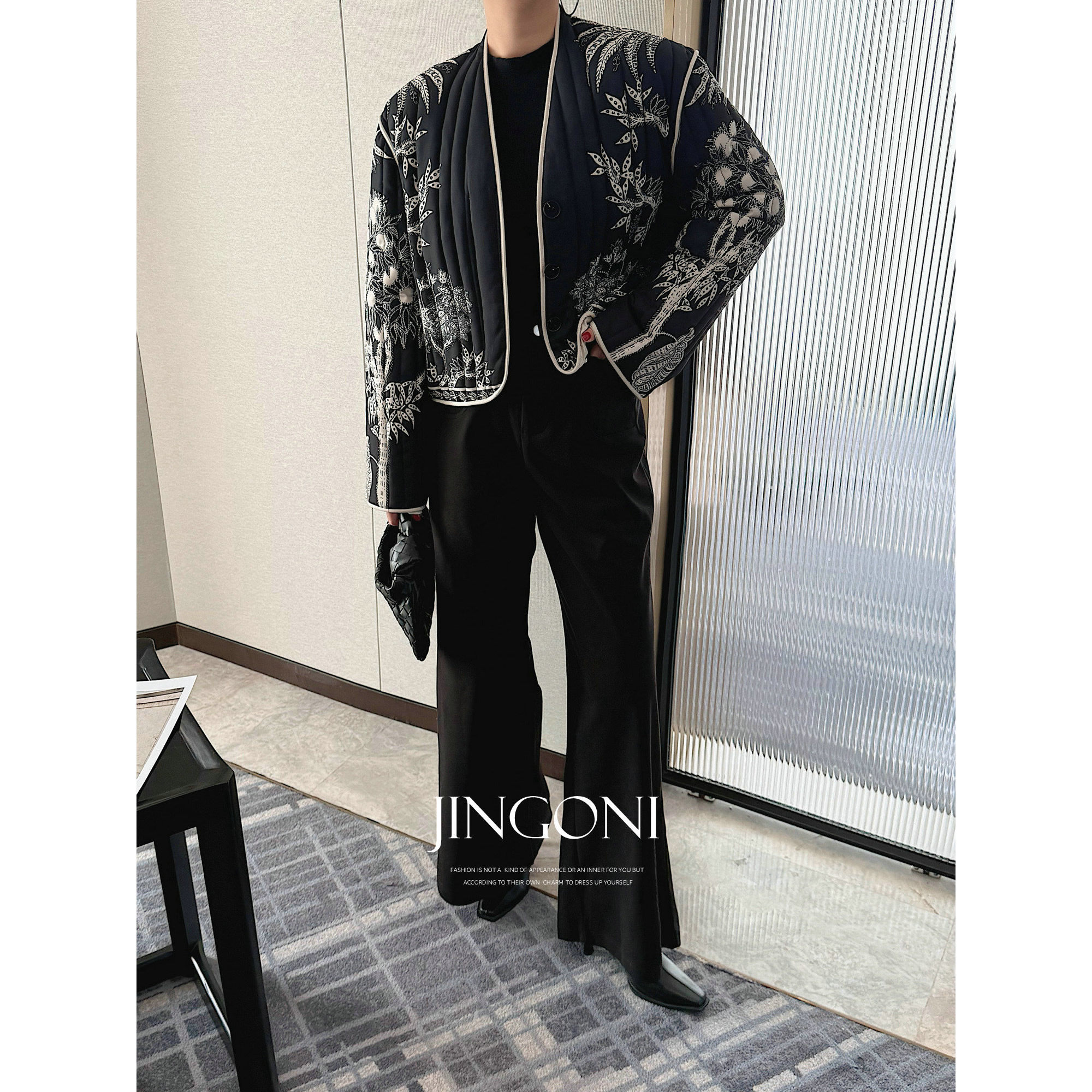 JINGONI印花黑色薄款棉衣服外套女早春新款风衣夹克短款法式宽松,女装/女士精品,棉衣/棉服,淘宝优惠券,粉丝福利购,淘宝优惠卷