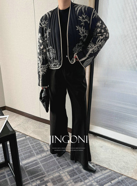 JINGONI印花黑色薄款棉衣服外套女早春新款风衣夹克短款法式宽松