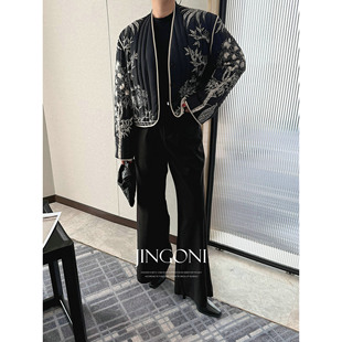 JINGONI印花黑色薄款棉衣服外套女早春新款风衣夹克短款法式宽松