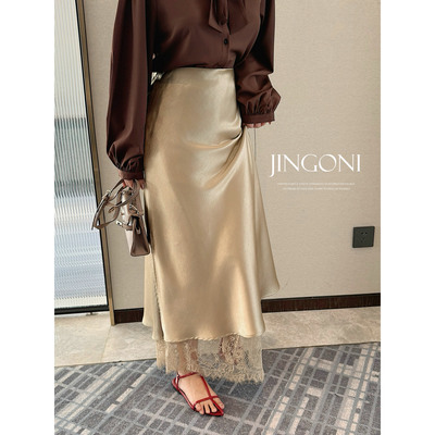 JINGONI缎面蕾丝边鱼尾半身裙女松紧高腰修身包臀显瘦中长款醋酸