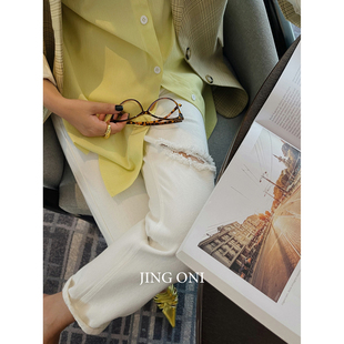 休闲直筒长裤 破洞白色休闲裤 韩版 新款 哈伦显瘦 子女高腰2025年春季