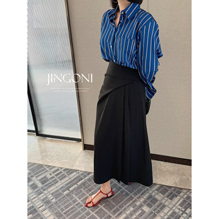 JINGONI法式 衬衫 女宽松休闲时尚 气质衬衣百搭2026年 蓝色条纹长袖