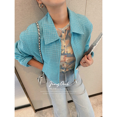 JINGONI蓝色小香风格纹夹克短外套女上衣风衣秋季宽松法式气质潮