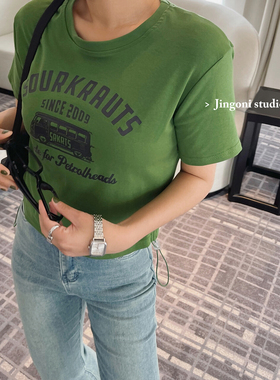 绿色字母t恤衫短袖女上衣2025年夏季新款短款韩版港风修身小个子