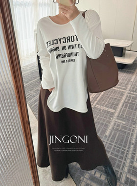 JINGONI磨毛白色字母T恤女上衣新款宽松休闲韩系宽松圆领体恤百搭