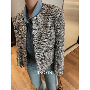 银色亮片外套女2024春季新款短款复古夹克西装短款宽松显瘦小个子