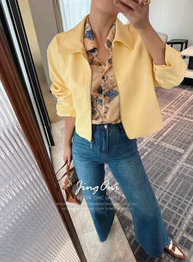 JINGONI黄色pu皮衣夹克短款外套女上衣秋季新款时尚气质显瘦风衣