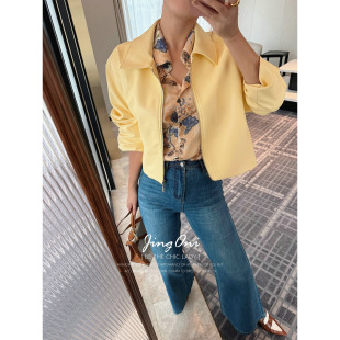 时尚 新款 气质显瘦风衣 外套女上衣秋季 JINGONI黄色pu皮衣夹克短款