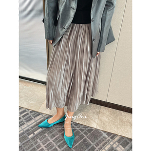 潮 宽松a字伞裙宽松中长款 银色百褶半身裙子女2025年春夏新款 时尚