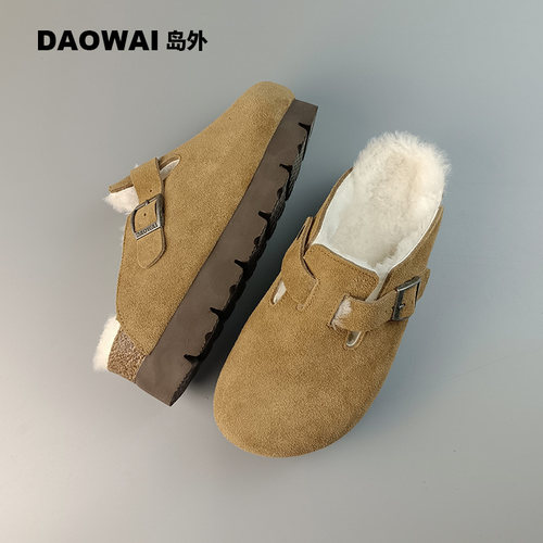 岛外DAOWAI勃肯鞋半包头厚底4cm加绒羊毛软木鞋复古boston博肯鞋