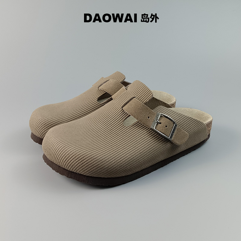 岛外DAOWAI勃肯鞋半包头灯芯绒纹软木拖复古时尚陈大锄boston男女