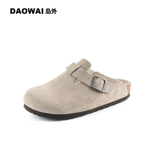 岛外DAOWAI半包头勃肯软木拖鞋复古时尚反毛牛皮休闲女鞋boston