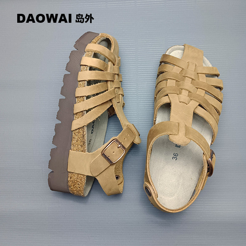 岛外DAOWAI勃肯鞋厚底罗马凉鞋编织头层牛皮复古时尚平底女鞋2328