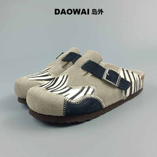 岛外DAOWAI勃肯鞋软木包头拖拼接复古时尚反绒牛皮boston博肯鞋