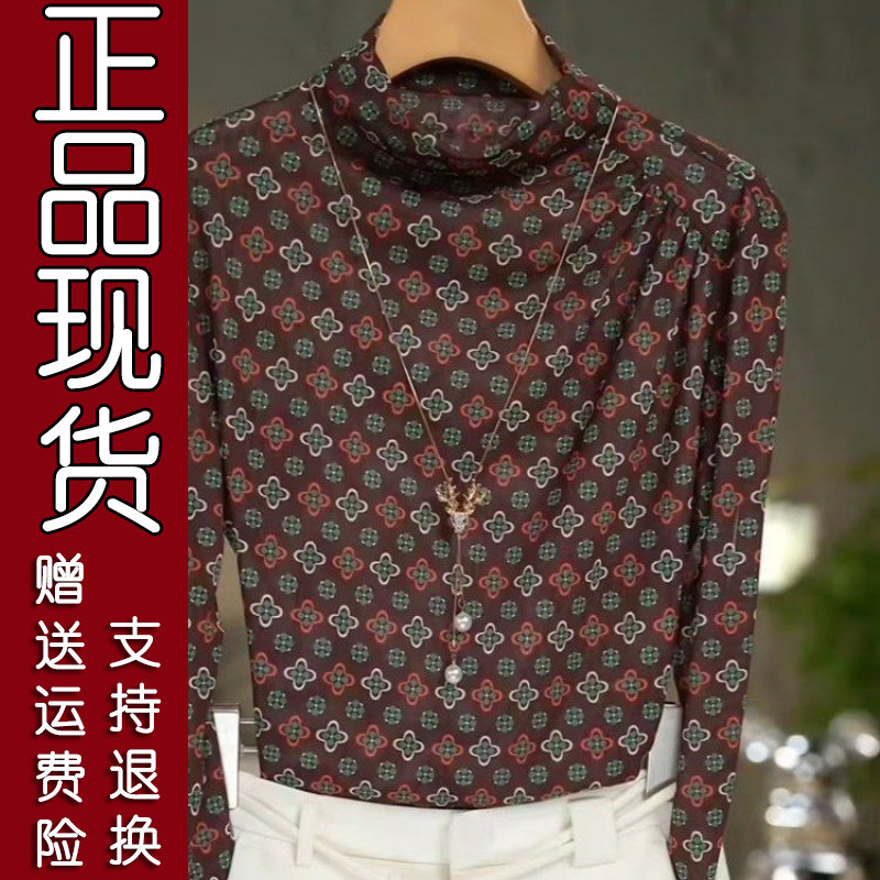 原版半高领复古印花长袖小衫