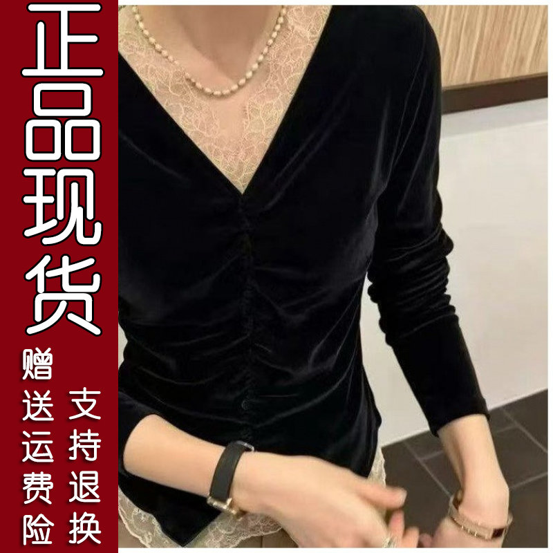 2026秋新款V领蕾丝丝绒衬衫