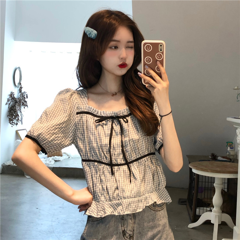 Real price French sweet Plaid Shirt women's age reducing bubble sleeve short style versatile top