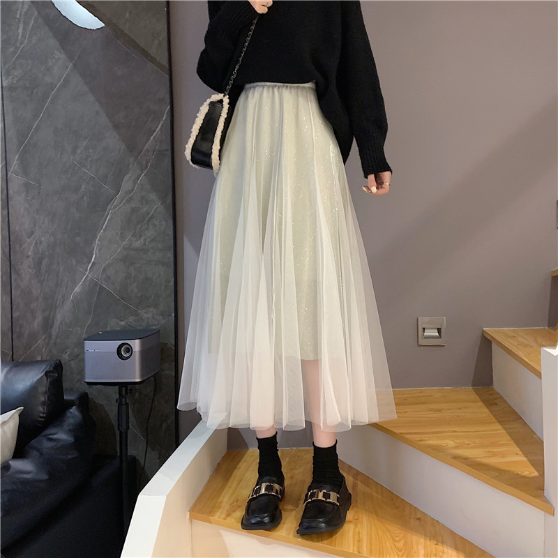 Real price new mid long A-line skirt with high waist and shiny long skirt and pleated fairy net skirt in autumn and winter