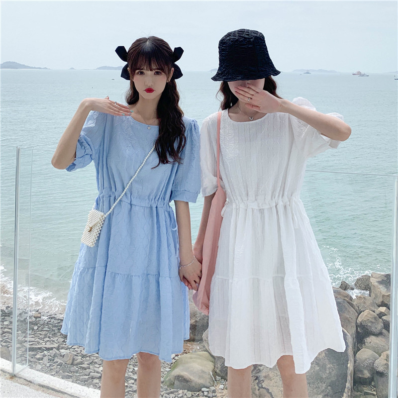 Real shooting real price drawstring dress summer new waist round neck crowd bubble sleeve Platycodon skirt