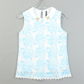 潮牌清甜钩花蕾丝刺绣无袖 T恤女9.2L83853钉珠娃娃领夏季 休闲上衣