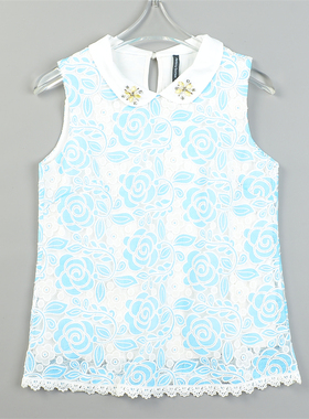 潮牌清甜钩花蕾丝刺绣无袖T恤女9.2L83853钉珠娃娃领夏季休闲上衣