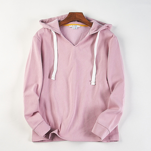 外贸大码女装纯色抓绒连帽卫衣H85067春秋冬宽松套头V领帽衫上衣