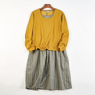 日单拼接假两件圆领长袖 连衣裙女H84153春秋宽松复古文艺显瘦中裙