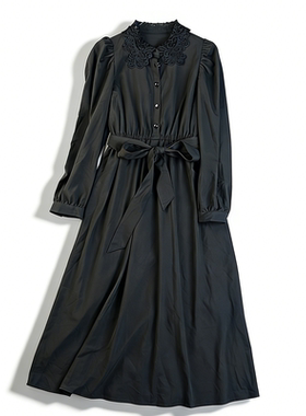 日单红牌雪纺黑色连衣裙女L85950蕾丝领收腰系带显瘦优雅气质长裙