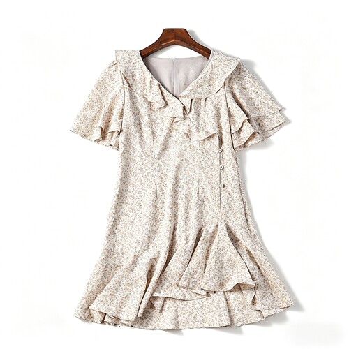 夏V领荷叶边显瘦雪纺鱼尾短裙