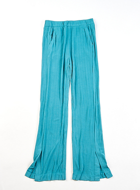 韩版绿色垂感百褶休闲裤女H83470夏秋中高腰宽松显瘦直筒拖地长裤