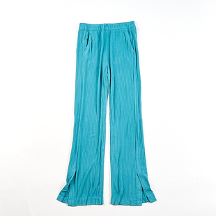 女H83470夏秋中高腰宽松显瘦直筒拖地长裤 韩版 绿色垂感百褶休闲裤