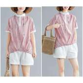 法式 简约文艺宽松套头圆领衬衣上衣 女L82907夏季 复古条纹短袖 衬衫
