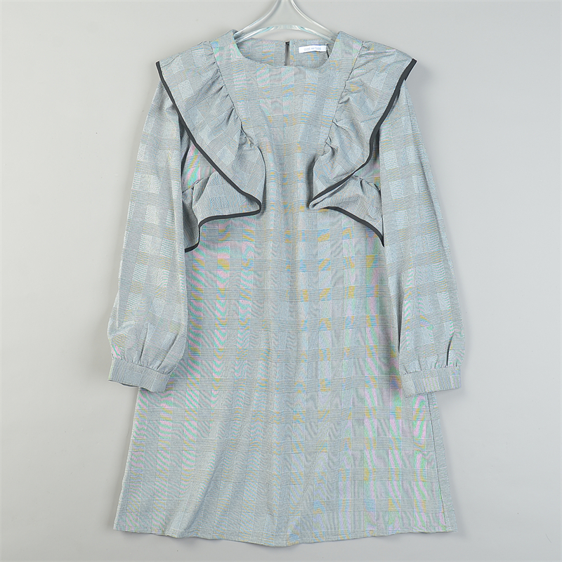 日单减龄学院风女生连衣裙L84326碎格飞飞肩长袖直筒裙春夏中长裙