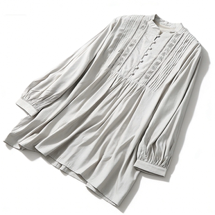 女L86081立领镂空条褶宽松灯笼袖 衬衫 优雅上衣 复古长袖 日单中长款