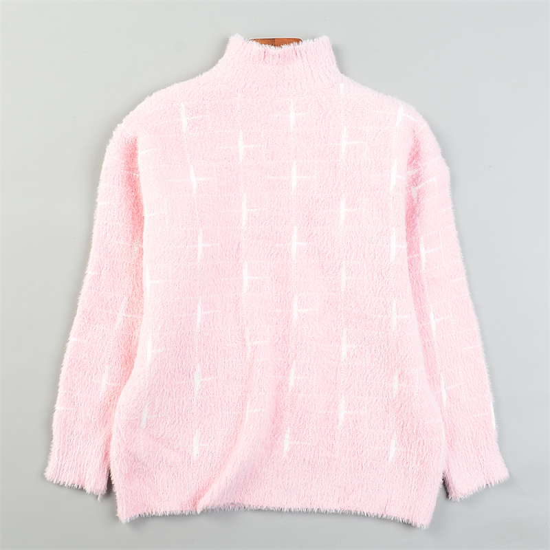 韩版半高圆领十字格针织衫女L85256秋冬保暖马海毛上衣水貂绒毛衣